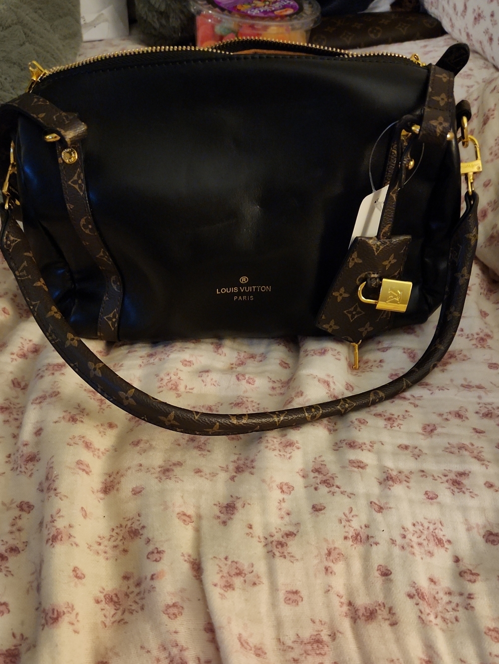 Designer Inspired Black Soft Leather and Monogram Shoulder Bag